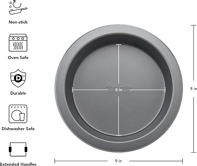 KitchenAid Nonstick Swiss Engineered Aluminized Steel Round Cake Pan, Dishwasher Safe, Contour Silver, 8 Inch