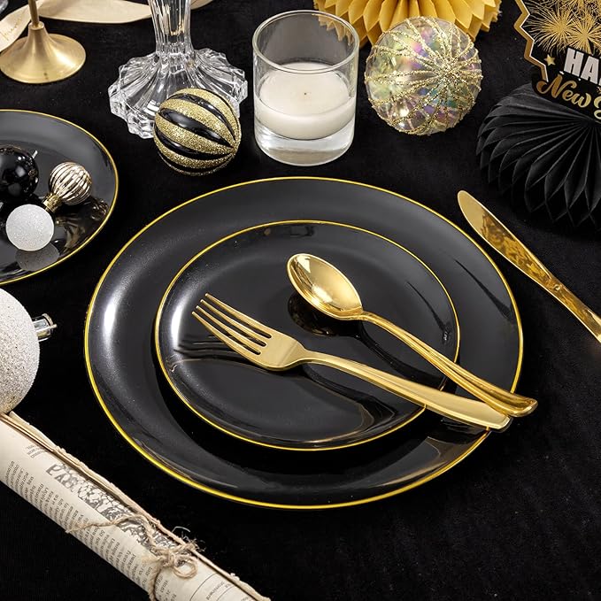 KIRE 200Pcs Black Plastic Plates - Black and Gold Plates Disposable for Party - Include 100 for Dinner and 100 for Dessert for Birthday/Wedding