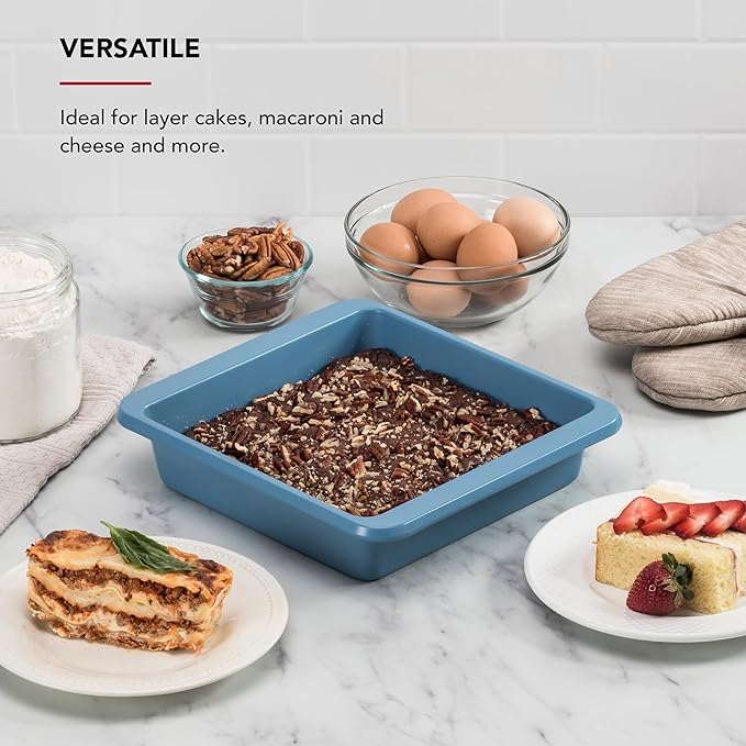 KitchenAid Nonstick Swiss Engineered Aluminized Steel Square Cake Pan, Dishwasher Safe, Blue Velvet, 9 Inch