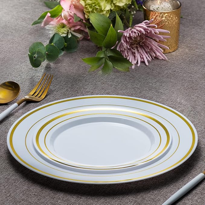 SETUP 60-Piece Gold Trim Plastic Dinnerware Set – 30 10.25" Dinner & 30 7.5" Salad Plates – Heavy-Duty Disposable for Weddings, Catering, Parties