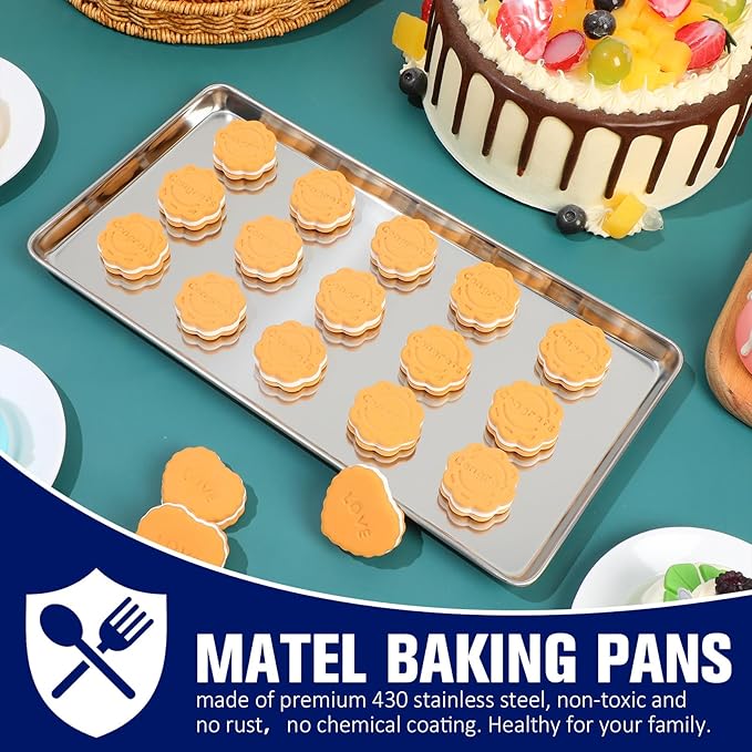 3 Pcs Baking Sheet Pan Set Stainless Steel Cookie Sheet Small Toaster Oven Pans Tray Barbecue Grill Pan Rectangle Trays Oven Freezer Bakery, Non-stick, Easy Clean, 13.8 × 9.8 × 0.6 Inches