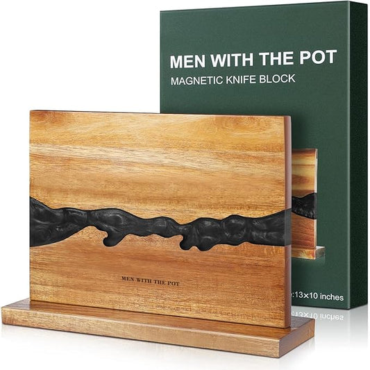 MEN WITH THE POT Magnetic Knife Block 13 x 10 Inches, Double Sided Magnetic Knife Holder Rack for Kitchen Counter Top, Space Saving Free Standing Wood Magnetic Knife Storage Stand with Black Resin