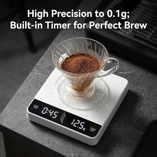 Partyreal Digital Kitchen Coffee Scale, Slim Food Scale with Tare and g/oz/ml Units, Backlit Display, USB-C Rechargeable with AAA Backup, 3kg, White
