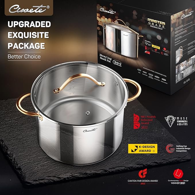 Stock Pot 12 Quart, 18/10 Tri-Ply Stainless Steel Whole Clad Stock Pot with Lid, Seamless 12 QT Cooking Pot with Copper Handle, Healthy Stockpots, Induction, Gas, Oven and Dishwasher Safe