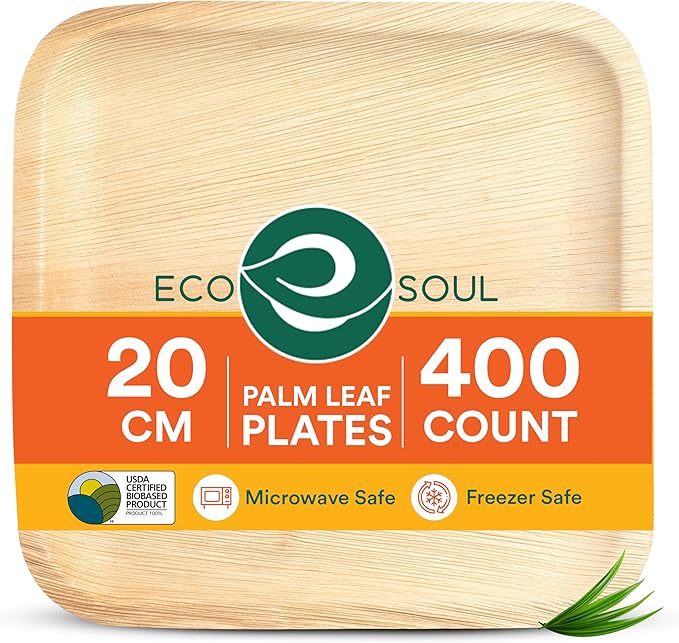 ECO SOUL Palm Leaf Like Bamboo Plates, 8 Inch Square, 400 Pack Bulk Disposable Appetizer & Dessert Tableware, Compostable Biodegradable Natural Wooden Small Party Plates for Wedding, Catering, Events