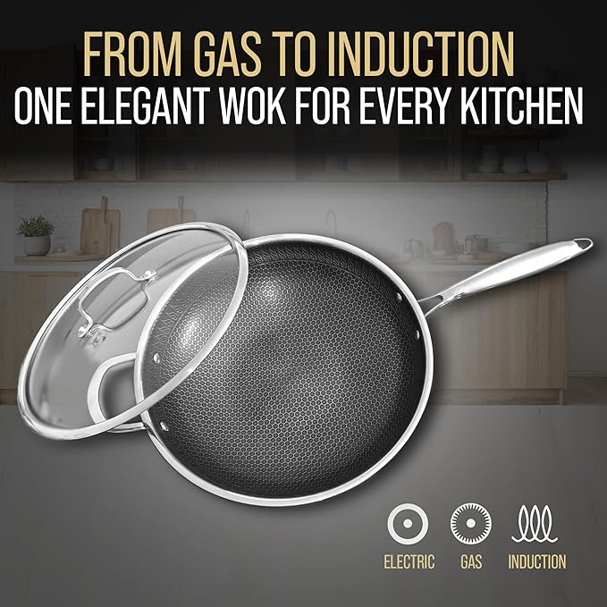 Woks & Stir-Fry Pans Nonstick, 12.5" Stainless Steel Wok with Lid | Tri-Ply Honeycomb Hybrid Stir Fry Wok Pan | Induction & Oven Safe | Dishwasher Safe