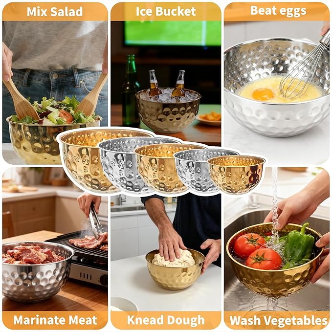 5 Piece Stainless Steel Mixing Bowls Set, Hammered Bowl Nesting Design Kitchen Bowls for Cooking, Baking, Serving (Size: 4.9/4.2/3.2/2.1/1.6QT)
