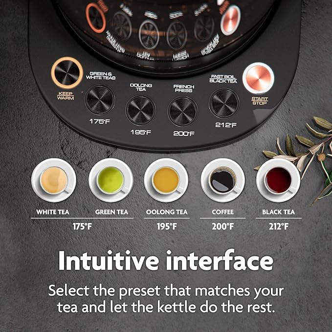 Vianté Electric Kettle With Infuser. No Plastic In Contact With Water. Hot Tea Maker With Temperature Control And Automatic Shut Off 1.5 Liters Capacity | Black Color