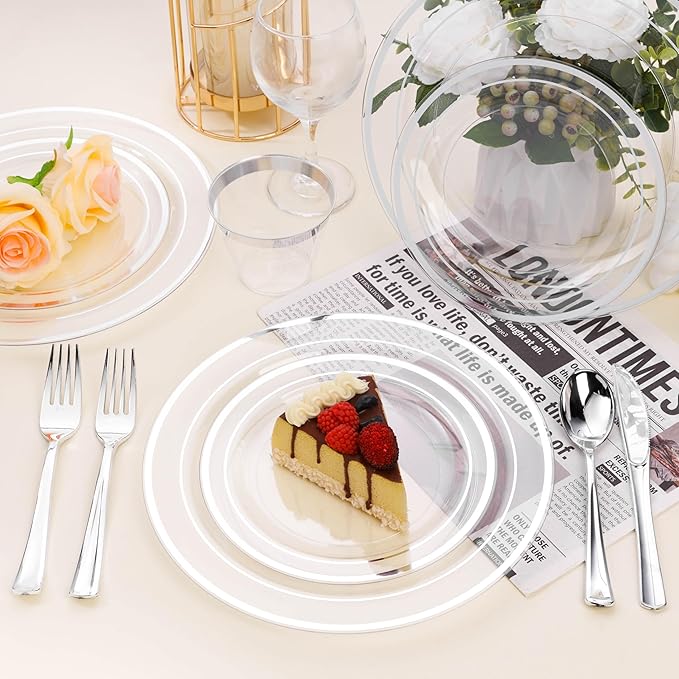 BESTSTAR 100PCS Clear Plastic Plates for Party, 10.25 Inch Disposable Plates with Silver Rim, Heavy Duty Dinner Plates for Wedding and Birthday