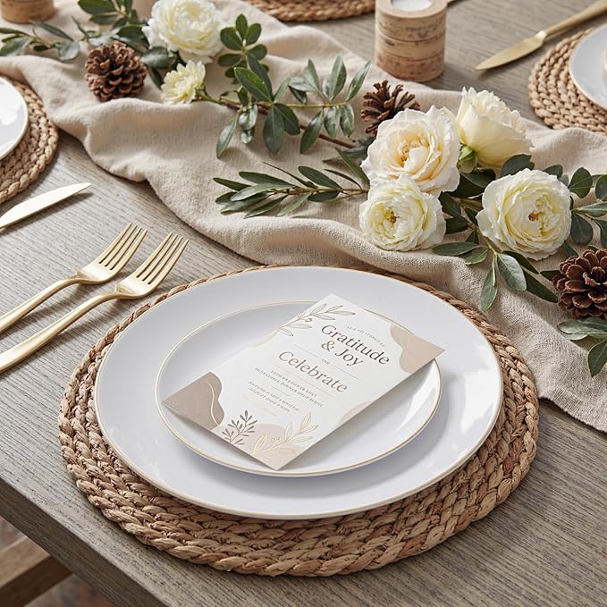 KIRE 200PCS Gold Plastic Plates - Disposable Plates for Party - White Plastic Plates with Gold Rim Include 100 for Dinner and 100 for Dessert/Salad in Wedding/Party/Spring/Ramadan