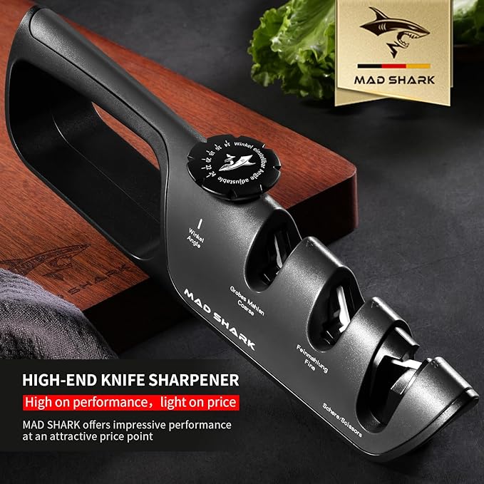 MAD SHARK Knife Sharpener, 6 Adjustable Sharpening Angle, Coarse & Fine Knife Sharpener Tool, Handheld Manual Knives Sharpener for Kitchen Knives, Pocket , Scissors, LARGE, Black
