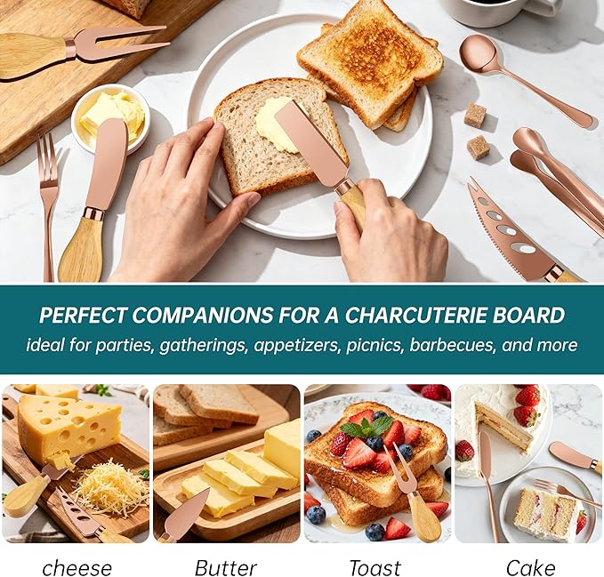 Charcuterie Boards Accessories Bowls, Cheese Knife Set Mini Butter Spreader, Serving Tong, Fork, Spoon, Dipping Bowls with Lids, Toothpick Flags, Honey Dippers For Party Platter Making (RoseGold)