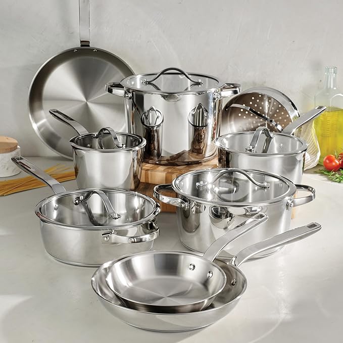 Tramontina Tempo Tri-Ply Base Stainless Steel 14-Piece Cookware Set with Glass Lids, Pots and Pans Kitchen Set, Induction-Ready, Oven-Safe, Dishwasher-Safe