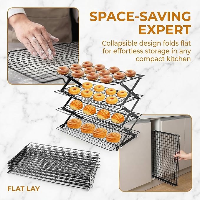 Collapsible Cooling Rack with Adjustable 3 Setting, Wire Cooling Roasting Cooking Baking Drying Rack for Cookies Bread (2-Tier)