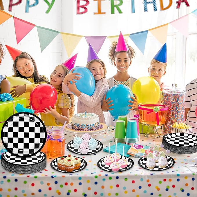 48 Pcs 7" Black Checkered Paper Plates Light Black & White Gingham Flag Party Plates, Plaid Dessert Table Supplies for Race Car BBQ Gathering Picnic Baby Shower Birthday Dinner Party Decorations