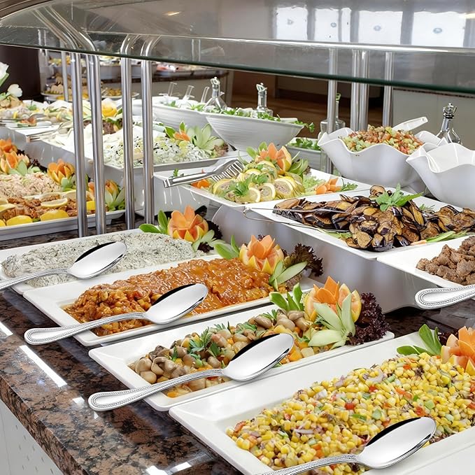 HaWare 6 Pieces Serving Spoons, Stainless Steel Silverware Serving Utensils, Pearled Edge Hostess Silverware for Buffet Party Kitchen Restaurant, Mirror Finished & Dishwasher Safe