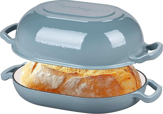 Enameled Cast Iron Sourdough Bread Oven, Dutch Oven, Loaf Cast Iron Bread Pan for Homemade Bread Baking, Meatloaf Pan with Lid, 7QT, Sea Salt