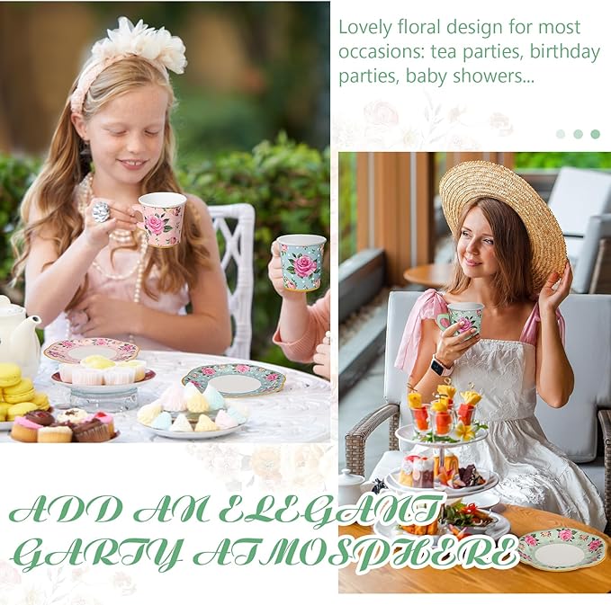 Umigy 60 Sets Spring Tea Party Decorations 6.5 oz Floral Paper Teacups & Saucer Set for Girls Women Afternoon Tea Parties Mothers Day Bridal Shower Wedding Birthday Party Decorations(Multicolor)