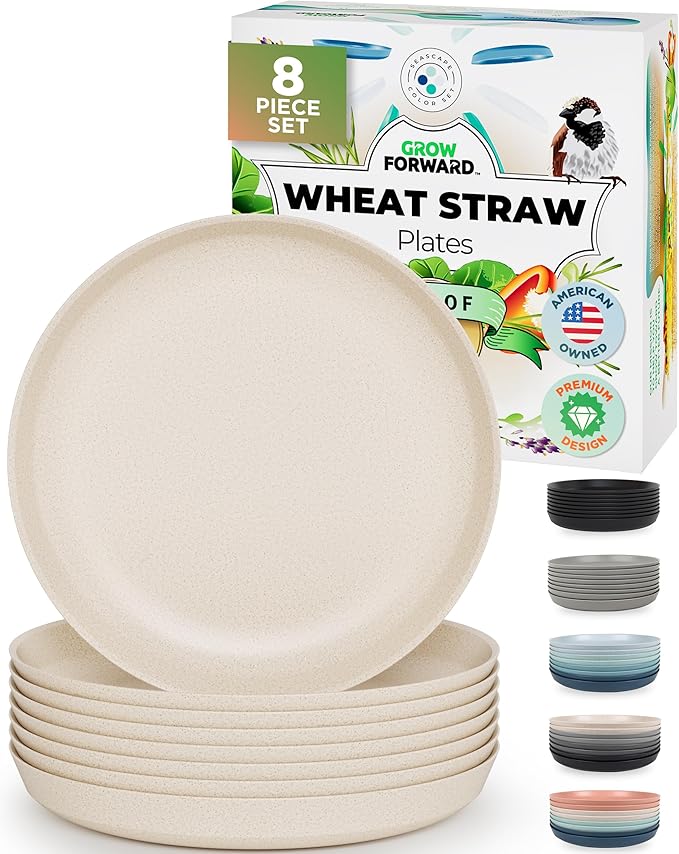 Grow Forward Premium Wheat Straw Plates - 10 Inch Reusable Hard Plastic Dinner Plates Set of 8 - Unbreakable & Microwave Safe Dishes for Dessert, Camping, RV, Outdoors, Patio, Kitchen - Sahara