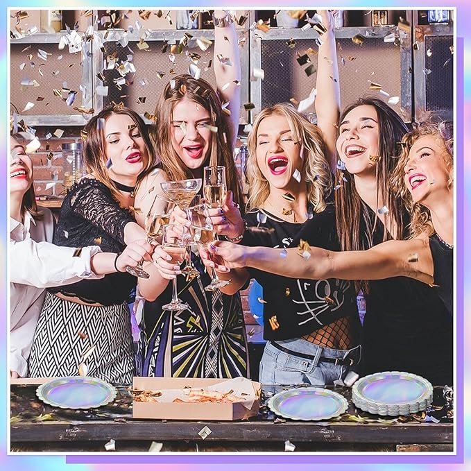 30 Pcs Iridescent Paper Plates Disposable 7 Inch Scalloped Holographic Plates Sliver Cake Dessert Plate for Birthday, Mermaid, Disco