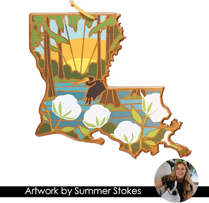 Totally Bamboo Louisiana State Shaped Cutting Board and Charcuterie Serving Platter with Artwork by Summer Stokes, Includes Hang Tie for Wall Display