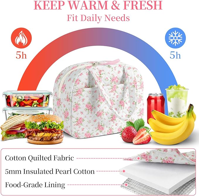 Quilted Lunch Box for Women,Coquette Aesthetic Lunch Box for Teen Girls,Cute Floral Lunch Bags for Work, School,Office,Picnic,Travel (Big Pink Floral)