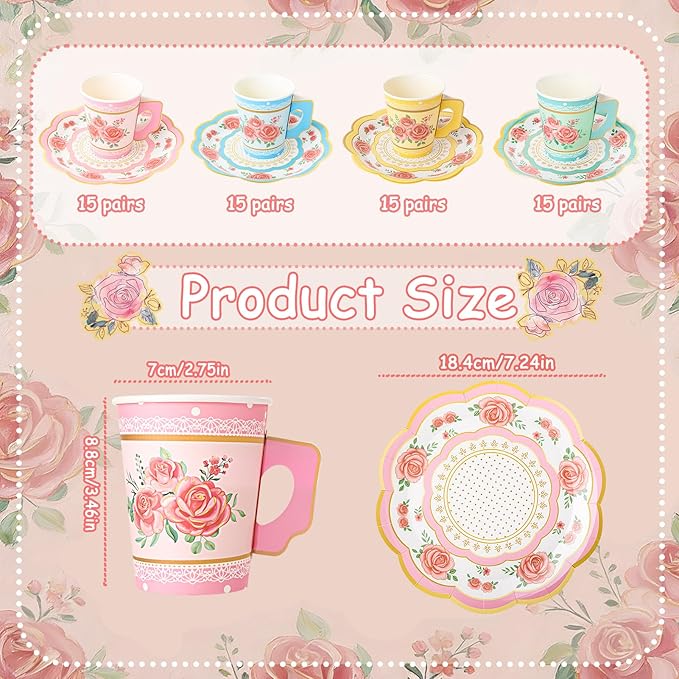 60 Sets/120 Pcs Floral Paper Tea Cups and Saucers 9 OZ Disposable Paper Tea Cups with Handle and Plates Tea Party Decorations for Birthday Wedding Garden Party Decorations