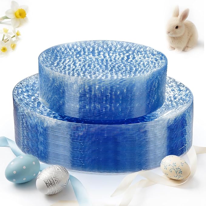 Rubtlamp 60Pcs Easter Plastic Blue Plates, Heavy Duty Disposable Plates, Blue Hammered Party Plate Include 30 Dinner Plate, 30 Dessert Platos, Fancy Disposable Platos For Spring
