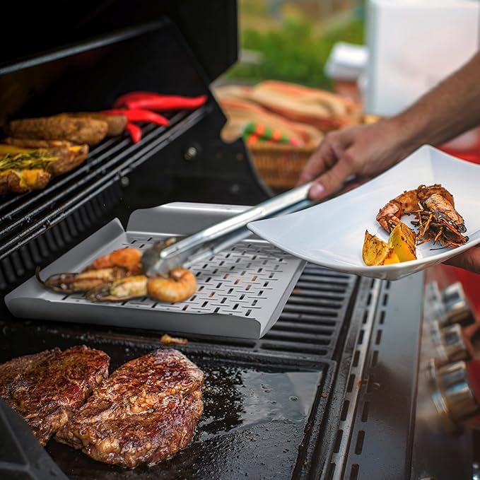 LITTLE GRIDDLE GT-525 Grill Pan and Grill Basket Set, High Sidewalls with Built-in Handles, Stainless Steel & Vented Design - Silver