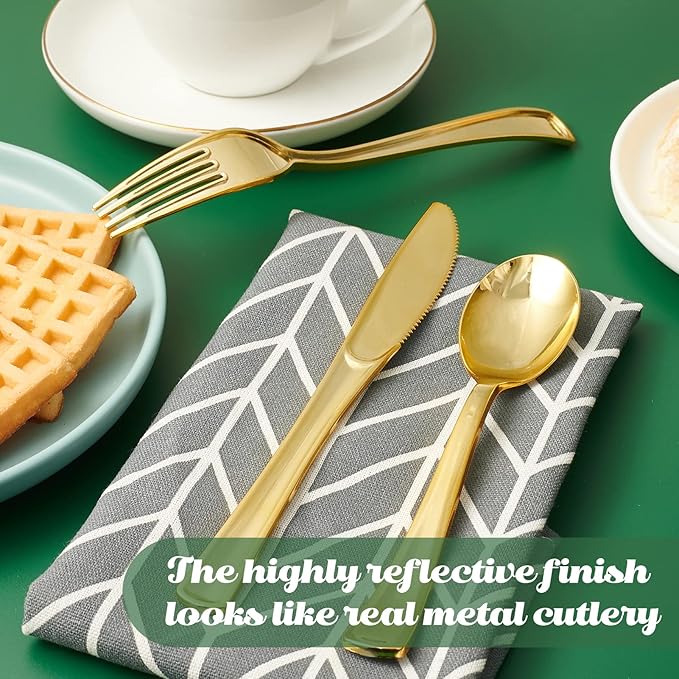 FOCUSLINE 75 Pack Gold Plastic Silverware Disposable Cutlery Set - 25 Forks Knives Spoons - Disposable Flatware Heavy Duty Plastic Utensils Set for Catering, Parties, Dinners, Weddings