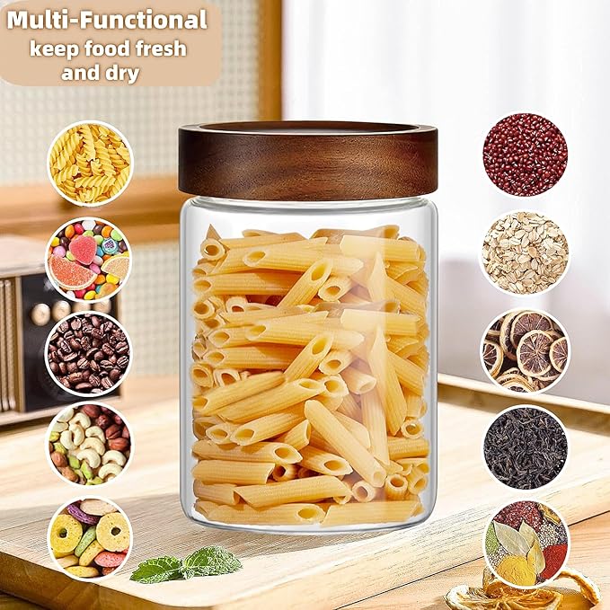 Set of 2 Glass Food Storage Jars, Premium Clear Glass Container Jar with Airtight Wooden Screw-on Lid, Kitchen Canisters for Coffee,Tea,Pasta,Cookies, Nuts,Spice,Candy,Overnight Oatmeal