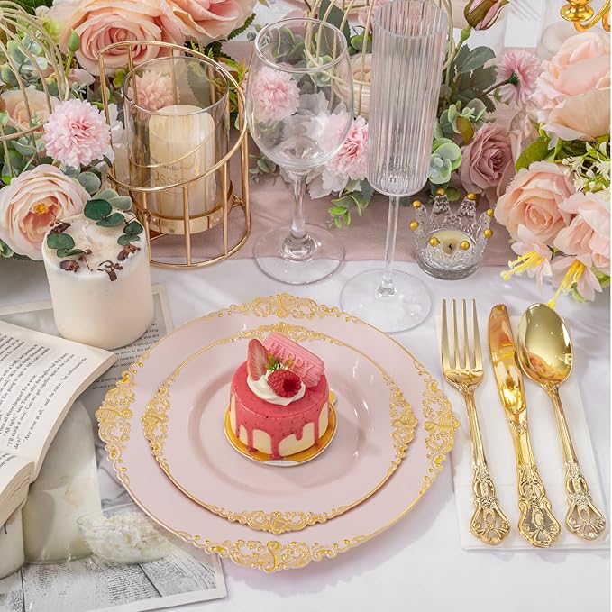 200PCS Pink and Gold Plates - Pink Plastic Plates - Fancy Disposable Plate with Gold Rim - Vintage Wedding Dinner & Dessert Plate Easter for 100 Guests for Wedding & Bridal Shower