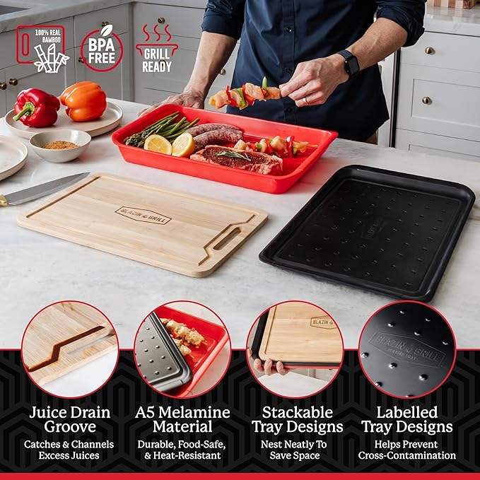 AVIEUS Grill Prep and Serving Trays | Set of 3 Stackable, Melamine Trays with Bamboo Cutting Board | Trays for Marinating, Serving & Chopping | Serving Platter for Plating Food & BBQ Prep Tub |