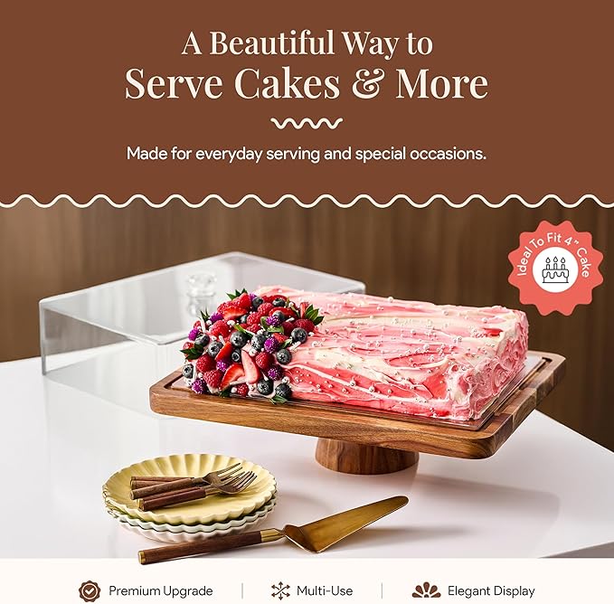 Acacia Wood Cake Stand with Lid - Rectangular Cake Holder, 2-in-1 Dessert Table Display Set & Charcuterie Board for Cheese, Chips, Fruit Platter, Large Acrylic Cake Dome Cover, No Glass