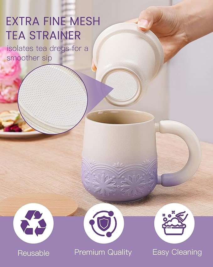ZENS Tea Mug with Infuser and Lid for Loose Leaf Tea Steeper, 11 oz Embossed Ceramic Tea Cup with Strainers. Wood Lid Tea Diffusers Mugs for Collector's Mug Gifts, Pale Purple