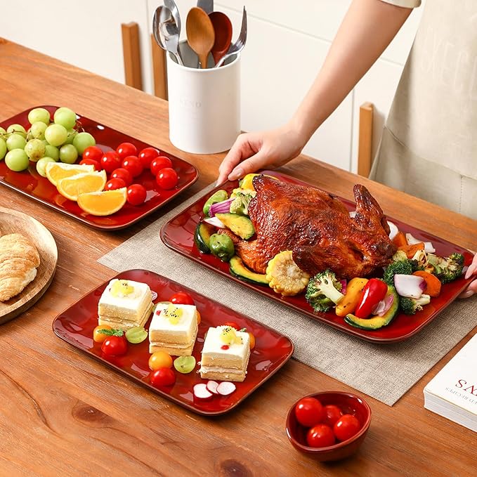 vicrays Ceramic Rectangle Serving Platters - 14" 12" 10" Porcelain Serving Trays Plates for Party BBQ Appetizers Sushi Dessert - Microwave Oven and Dishwasher Safe - Set of 3 -Cherry Red