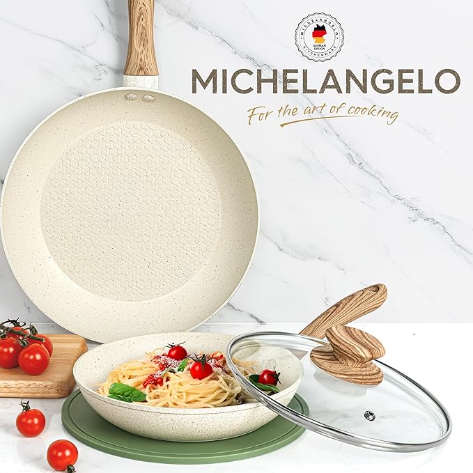 MICHELANGELO 8 Inch Frying Pan with Lid, Nonstick Fry Pan with Granite Coatings, Healthy & Non-Toxic Small Skillet, Induction Compatible