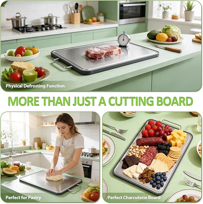 Stainless Steel Cutting Board (17x11"), Large Heavy Duty Double Sided 316 Metal Chopping Board for Kitchen, Food Grade, Deep Juice Grooves, Non-Toxic, Dishwasher Safe for Meat & Veggies