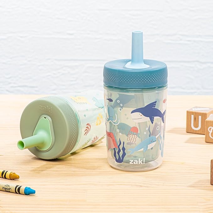 Zak Designs Capri Toddler Tumblers For Travel or At Home, 9oz 2-Pack Double Wall Plastic Sippy Cups With Leak-Proof Design is Perfect For Kids (Dino Buddies, Bubble Bay)