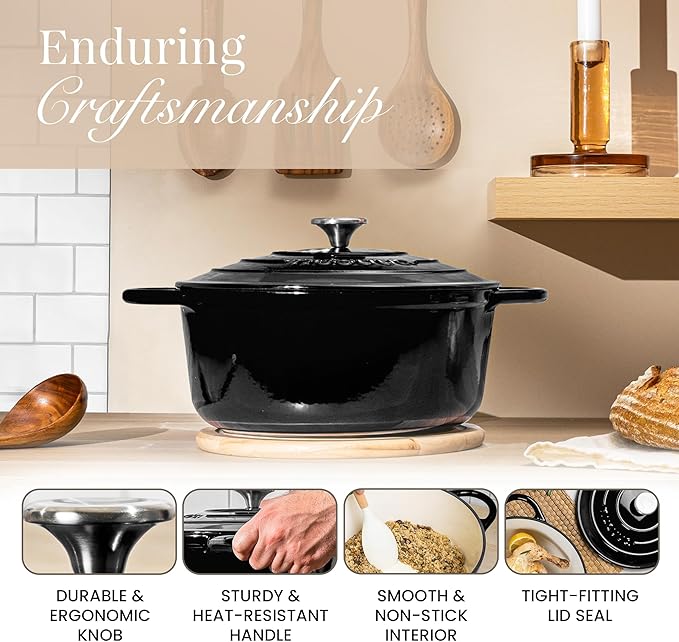 Cast Iron Pot with Lid – Non-Stick Ovenproof Enamelled Casserole Pot, Oven Safe up to 500° F – Sturdy Dutch Oven Cookware – Black, 5-Quart, 24cm – by Nuovva