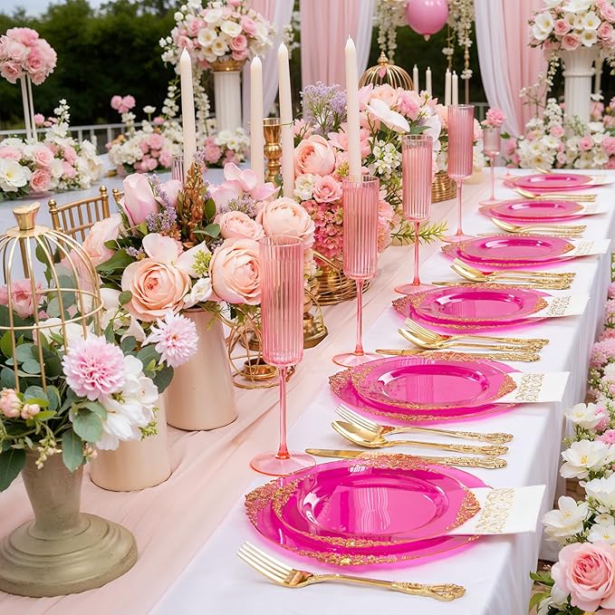 102PCS Clear Hot Pink Plastic Plates - Pink Disposable Plate with Gold Rim - Hot Pink Party Plates Easter Include 51PCS 7.5inch Dessert & 10.25inch Dinner Plate for Wedding Birthday Party