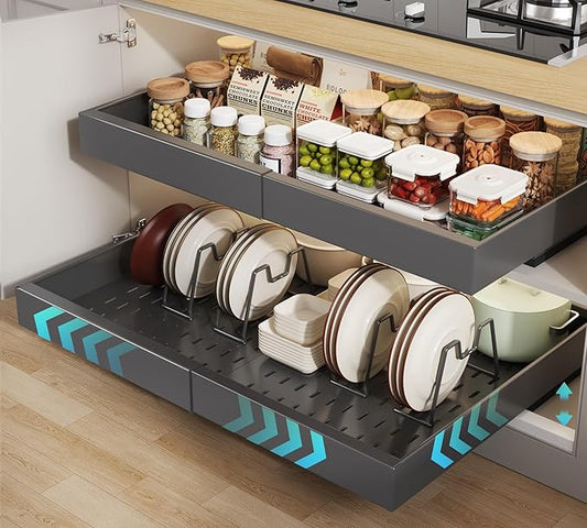 2 Pack Pull out Cabinet Organizer 21" Deep With Raising Pad for Framed Cabinets,Expandable (15.2"-26.3"W) Slide out Drawers for Kitchen Cabinets with 4pcs Divider Racks,Roll out Shelves,Black