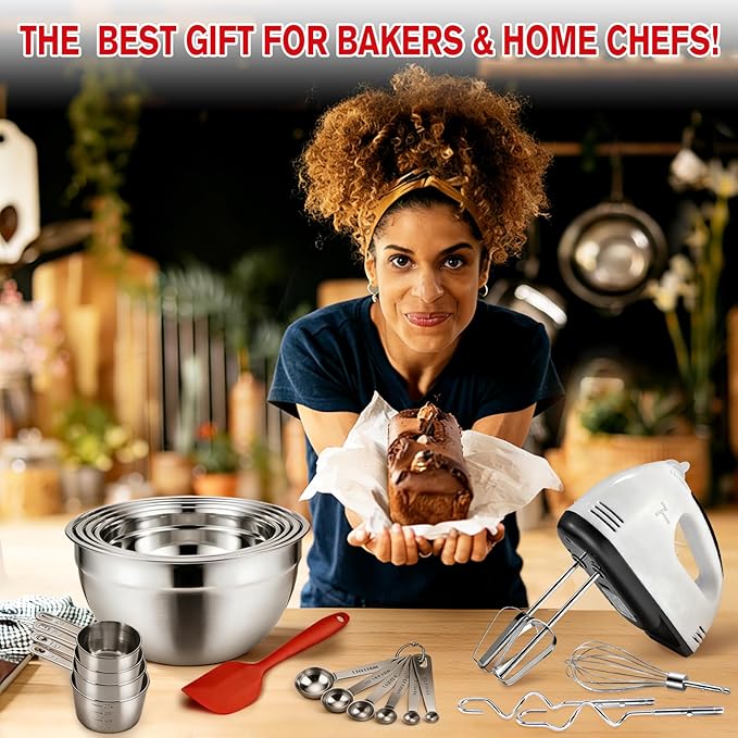 Electric Hand mixer - 7 Speeds Handheld Mixer Electric Whisk with 4 Large Mixing Bowls Set & Stainless Steel Metal Nesting Bowl Measuring Cups Spoons, Turbo Boost Food Beater for Cakes Eggs