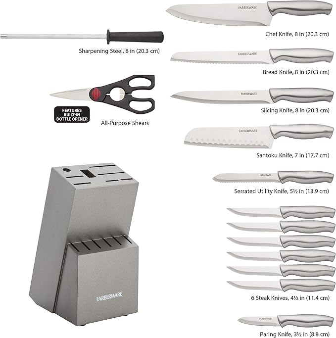 Farberware 15-Piece Stamped Stainless Steel Knife Block Set, High-Carbon Stainless Steel Kitchen Knife Set with Ergonomic Handles, Razor-Sharp Knives with Wood Block, 15-Piece Set, Graphite