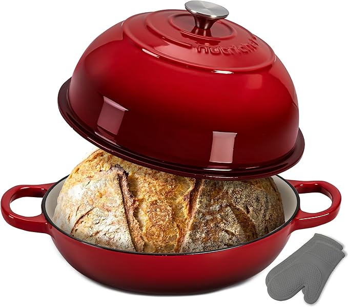 NutriChef 10.2" Enameled Cast Iron Bread Oven, Dome-Shaped Sourdough Baking Pan with Handles & Silicone Gloves, Oven-Safe to 500°F, Dishwasher Safe Dutch Oven Bread Pan (Red)