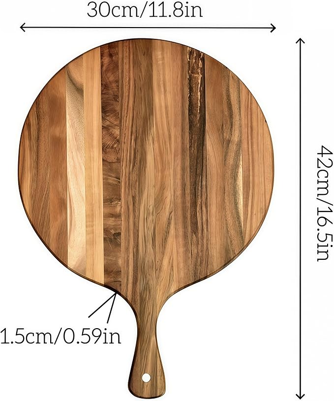 Acacia Wood Round Cutting Board with Handle -16" x 12" Large Charcuterie Board, Wooden Chopping Board for Kitchen, Pizza, Meat & Cheese Serving Tray, Decorative Butcher Block