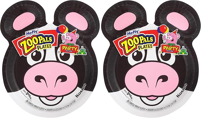 Hefty Zoo Pals Party Edition Paper Plates for Kids, Assorted Animal Designs, 7.75 Inches with Two Dipping Compartments, 20 Count (Pack of 2)