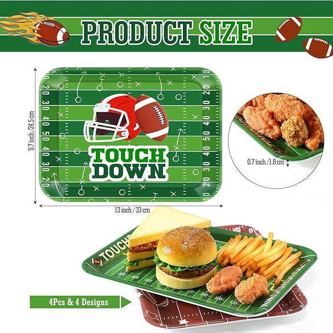 4 Pcs Melamine Serving Trays Platters Snack Trays Reusable Rectangle Platters for Sports Game Day Flower Tea Party Food Dessert Cookies Serving Plates Supplies, 13 x 9.7 Inch(Football)