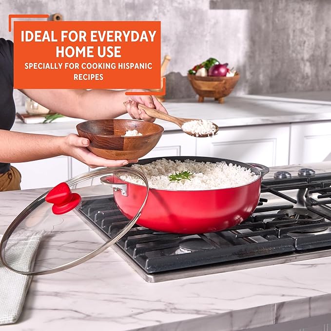 IMUSA 6.9 Qt Large Red Aluminum Dutch Oven Caldero with Black Ceramic Nonstick & Glass Lid – Big Rice, Stew, Cooking Pot for Soups, Beans, Braising & Traditional Hispanic Recipes