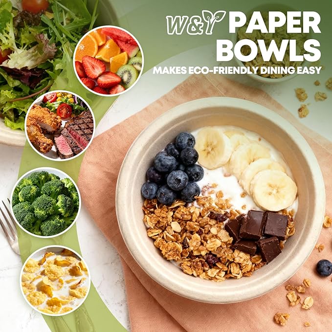 W&Y 12 oz Paper Bowls, 100-Count Disposable Compostable Bowls, Microwave Safe & Heavy Duty, Biodegradable Sugarcane Fiber Bowl for Hot Soup, Salad, Snacks, and Party Use